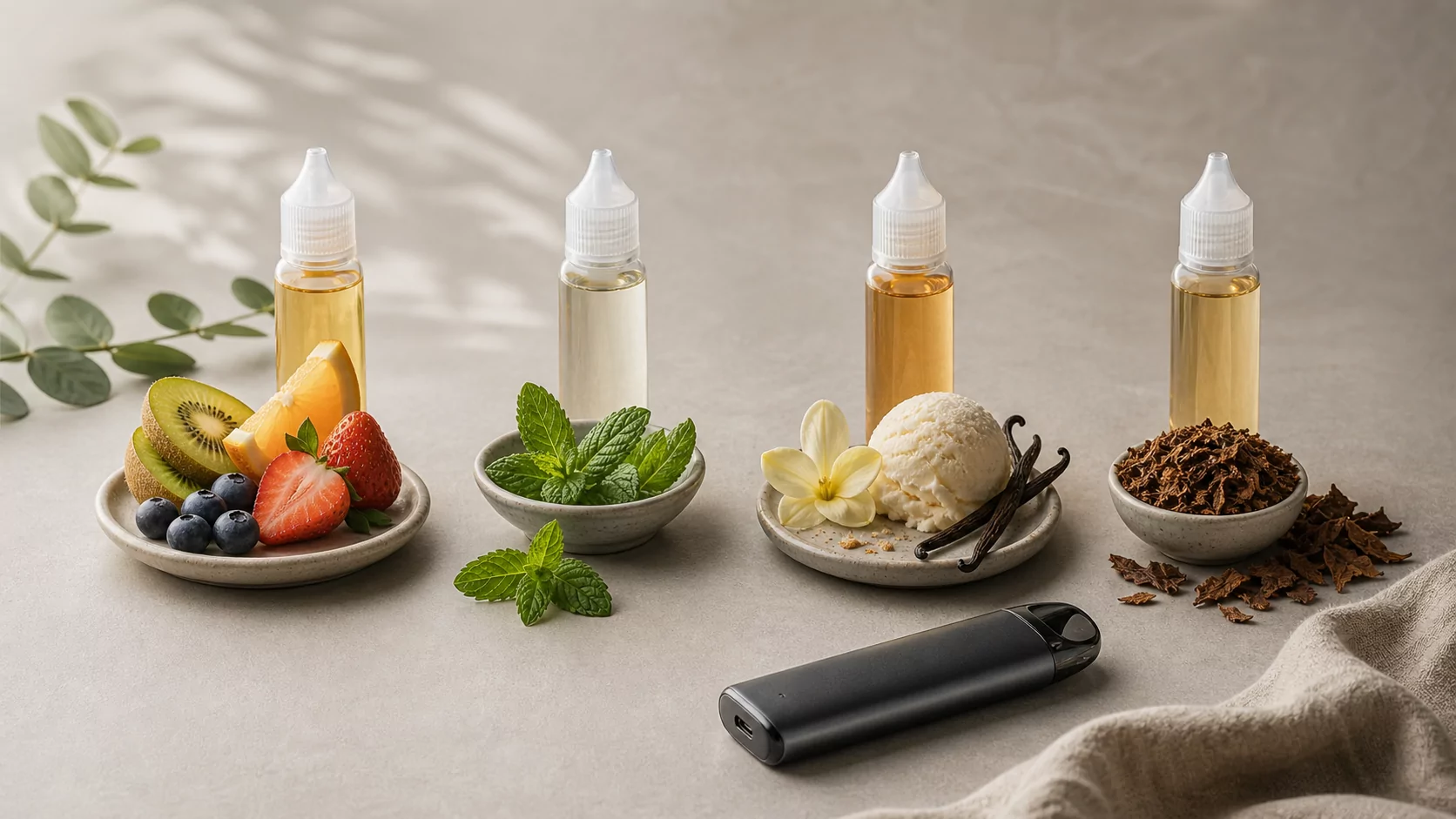 Vier unbeschriftete Liquidflaschen mit Frucht-, Minz-, Dessert- und Tabakaroma-Hinweisen